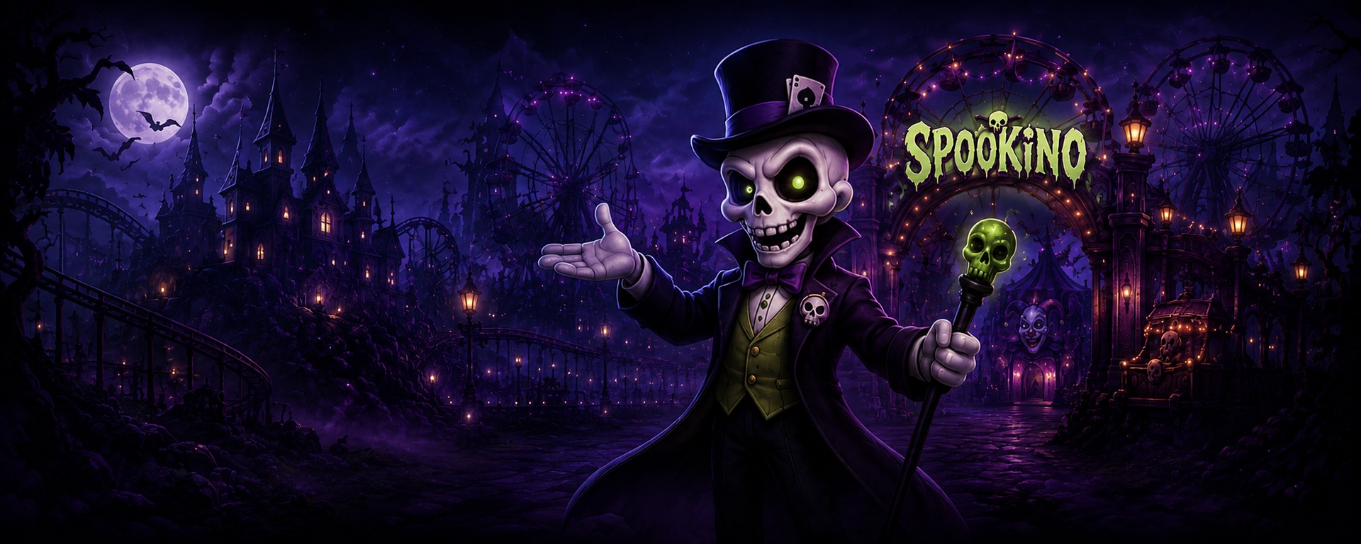 Spookachtig pretpark Spookino onder een volle maan met zijn skeletmascotte