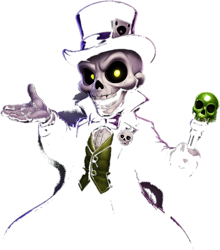Skeletmascotte van Spookino met hoge hoed